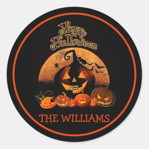 Spooky orange pumpkins bats Family name Halloween Classic Round Sticker