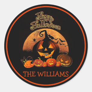 Spooky orange pumpkins &bats Family name Halloween Classic Round Sticker
