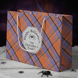 Spooky Orange Purple Black Plaid Spider Halloween Large Gift Bag