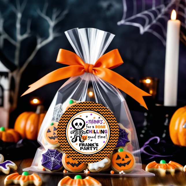 Spooky Orange Skeleton Boy Halloween Birthday Classic Round Sticker (Creator Uploaded)