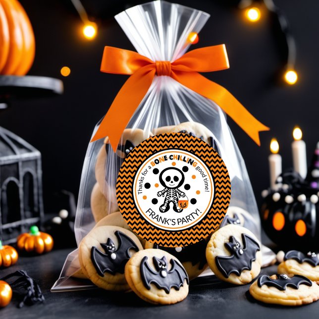 Spooky Orange Skeleton Boy Halloween Birthday Classic Round Sticker (Creator Uploaded)