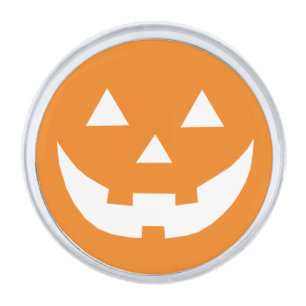 Spooky orange white Jack o Lantern pumpkin face Silver Finish Lapel Pin