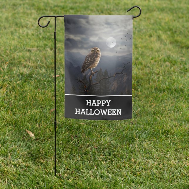 Spooky Owl and Full Moon Halloween Garden Flag (In SItu)