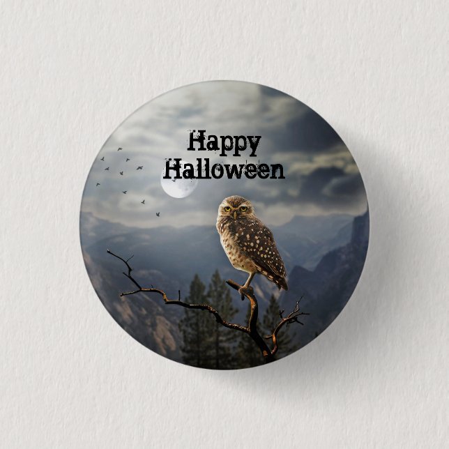 Spooky Owl Moon Graphic Halloween Button (Front)