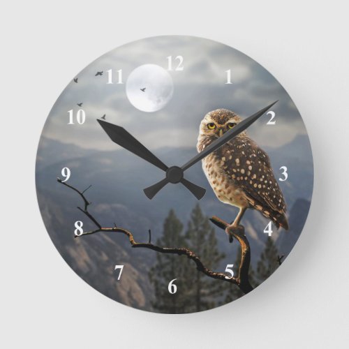 Spooky Owl Moon Graphic Round Clock