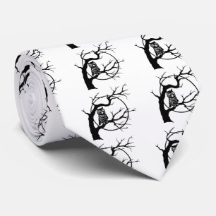 Spooky Owl on Bare Tree Silhouette Halloween Tie