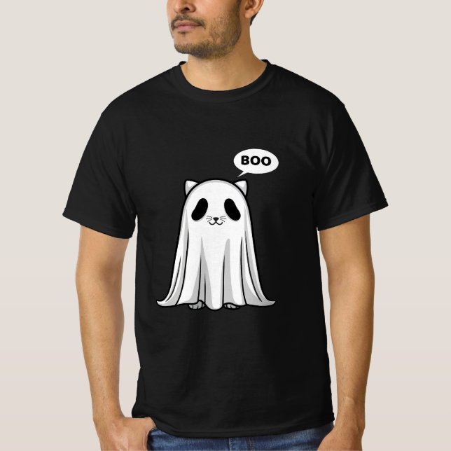 Spooky Panda Cat Ghost - Cute Halloween Boo T-Shirt (Front)