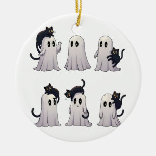 Spooky Pastel Gothic Ghosts Black Cats Halloween Ceramic Ornament