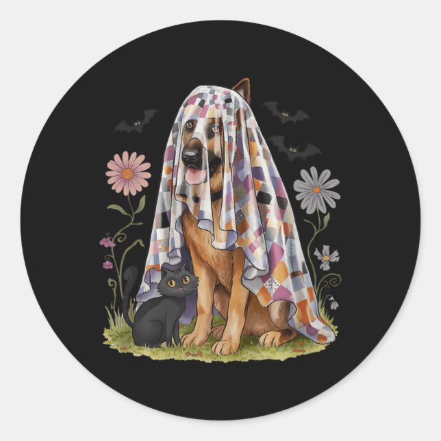 Spooky Patchwork Floral Ghost German Shepherd Dog Classic Round Sticker (Front)
