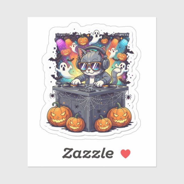 Spooky Paw-ty Time – Cat DJ Halloween Party Sticker (Sheet)