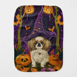 Spooky Pekingese Dog Halloween Witch And Pumpkin Baby Burp Cloth