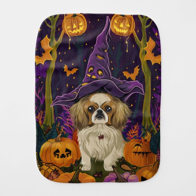 Spooky Pekingese Dog Halloween Witch And Pumpkin  Baby Burp Cloth (Front)