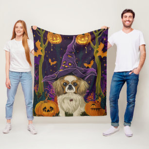 Spooky Pekingese Dog Halloween Witch And Pumpkin Fleece Blanket