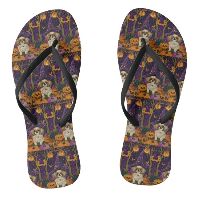Spooky Pekingese Dog Halloween Witch And Pumpkin  Flip Flops (Footbed)