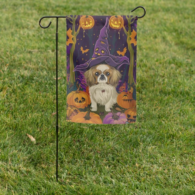 Spooky Pekingese Dog Halloween Witch And Pumpkin  Garden Flag (In SItu)