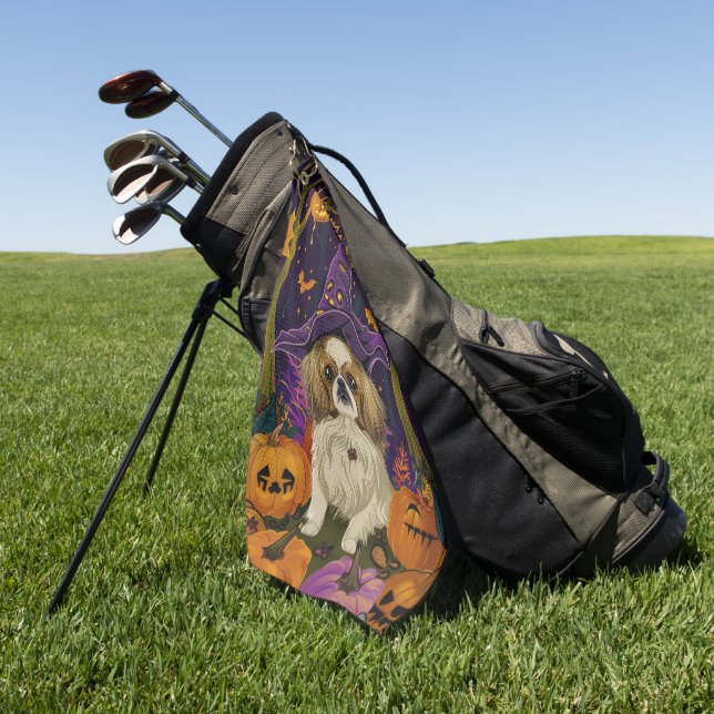 Spooky Pekingese Dog Halloween Witch And Pumpkin  Golf Towel (Green)