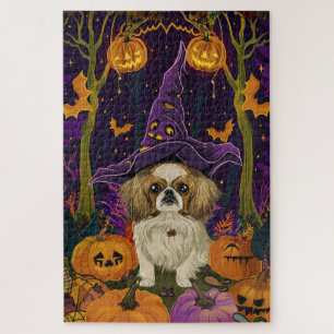 Spooky Pekingese Dog Halloween Witch And Pumpkin Jigsaw Puzzle