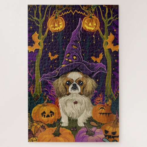 Spooky Pekingese Dog Halloween Witch And Pumpkin  Jigsaw Puzzle