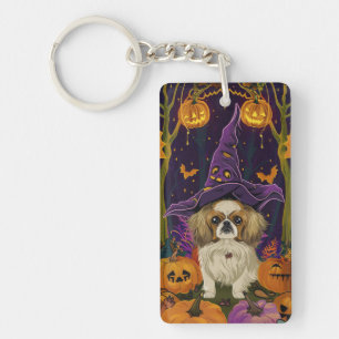 Spooky Pekingese Dog Halloween Witch And Pumpkin Keychain