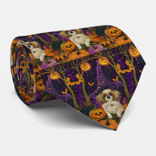 Spooky Pekingese Dog Halloween Witch And Pumpkin Neck Tie