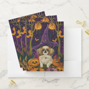 Spooky Pekingese Dog Halloween Witch And Pumpkin  Pocket Folder