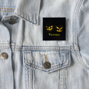 Spooky personalised creepy yellow pumpkin face button