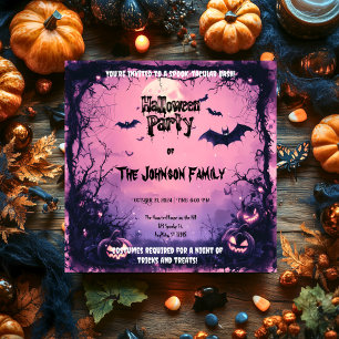 Spooky Pink Halloween Party with Pumpkins and Bats Invitation