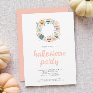 Spooky Pink Skull Floral Wreath Halloween Party Invitation