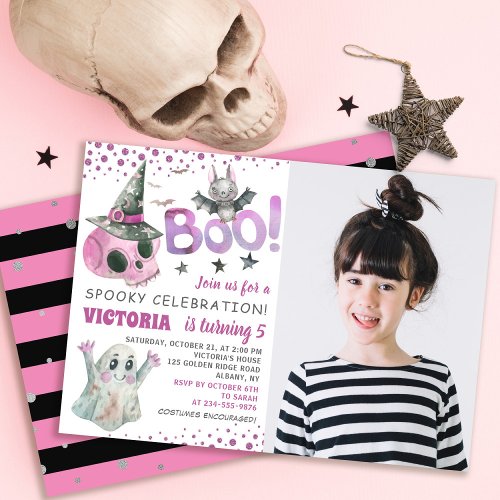 Spooky Pink Skull Girl Halloween Birthday Photo Invitation