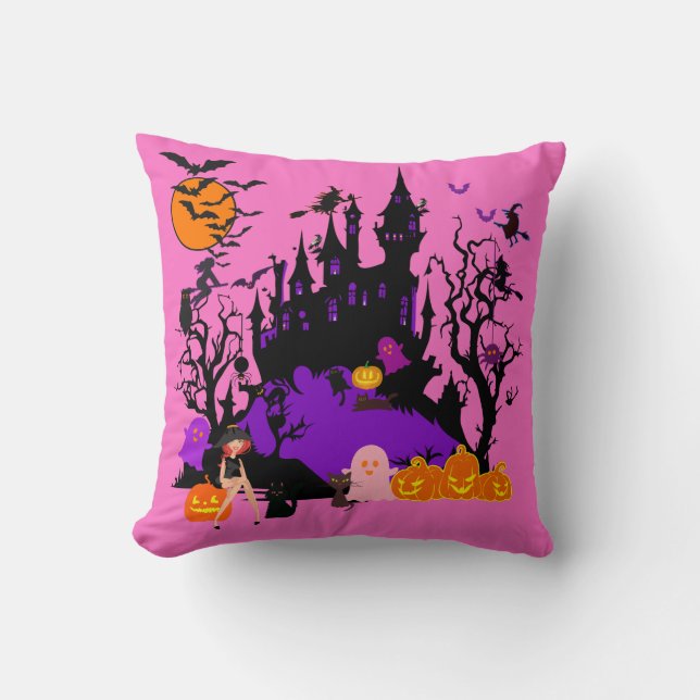 Spooky Pink Witch & Friends Throw Pillow (Front)