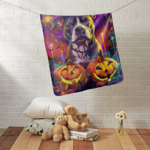 Spooky Pitbull Dog Halloween Witch And Pumpkin Baby Blanket