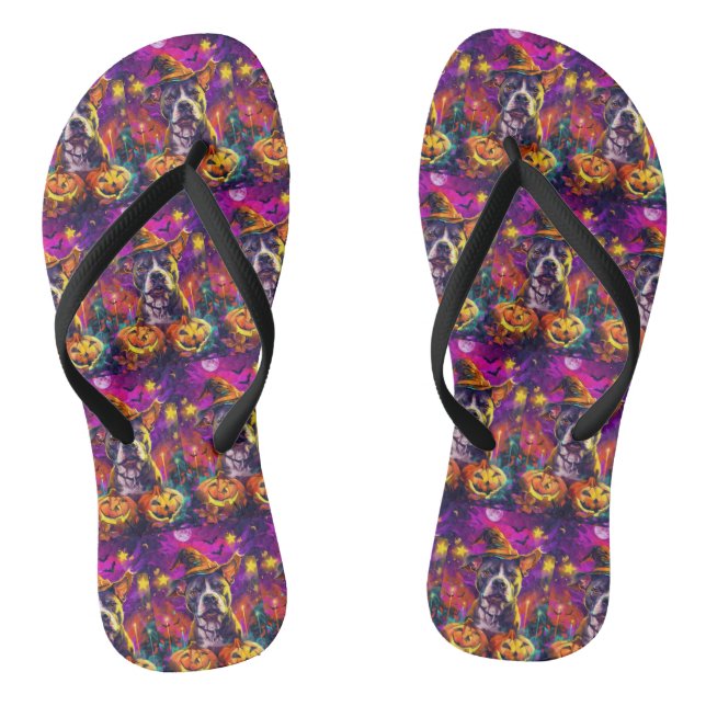 Spooky Pitbull Dog Halloween Witch And Pumpkin  Flip Flops (Footbed)