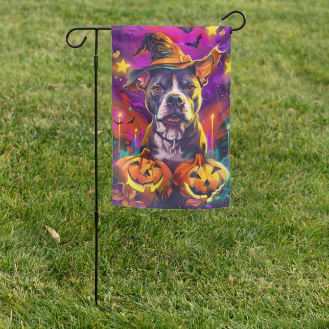 Spooky Pitbull Dog Halloween Witch And Pumpkin  Garden Flag (In SItu)