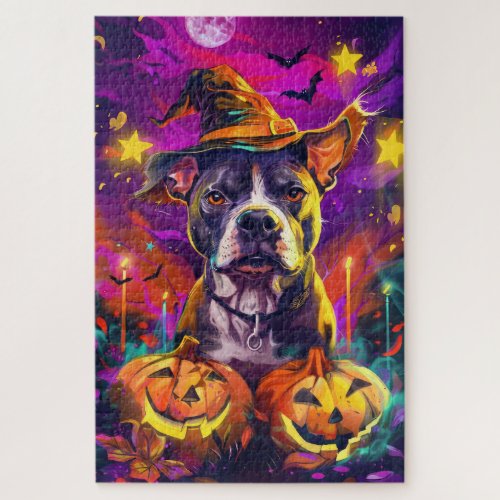 Spooky Pitbull Dog Halloween Witch And Pumpkin  Jigsaw Puzzle