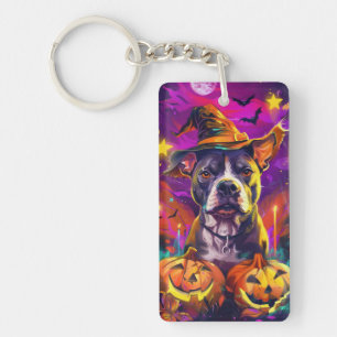 Spooky Pitbull Dog Halloween Witch And Pumpkin Keychain