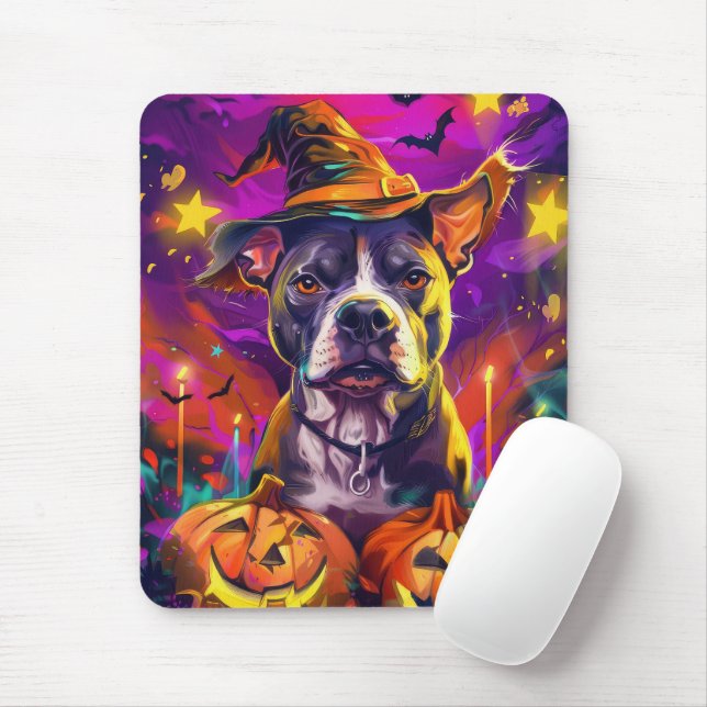 Spooky Pitbull Dog Halloween Witch And Pumpkin  Mouse Pad (With Mouse)