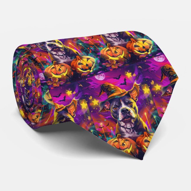 Spooky Pitbull Dog Halloween Witch And Pumpkin  Neck Tie (Rolled)