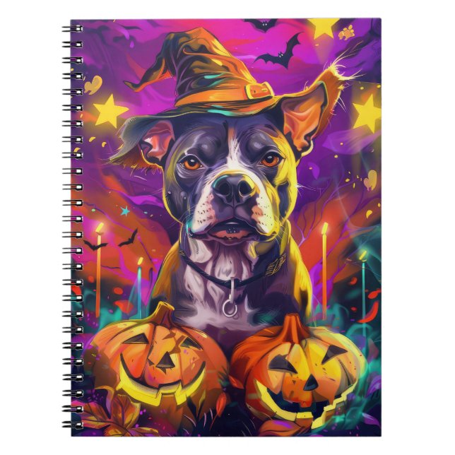 Spooky Pitbull Dog Halloween Witch And Pumpkin  Notebook (Front)