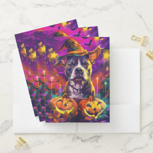 Spooky Pitbull Dog Halloween Witch And Pumpkin  Pocket Folder