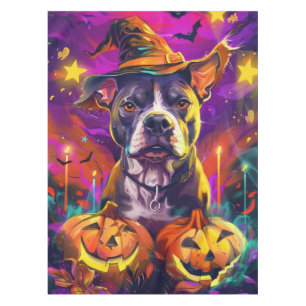 Spooky Pitbull Dog Halloween Witch And Pumpkin  Tablecloth