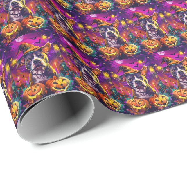 Spooky Pitbull Dog Halloween Witch And Pumpkin  Wrapping Paper (Roll Corner)