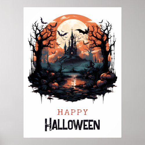 Spooky place full moon bats haunted house poster