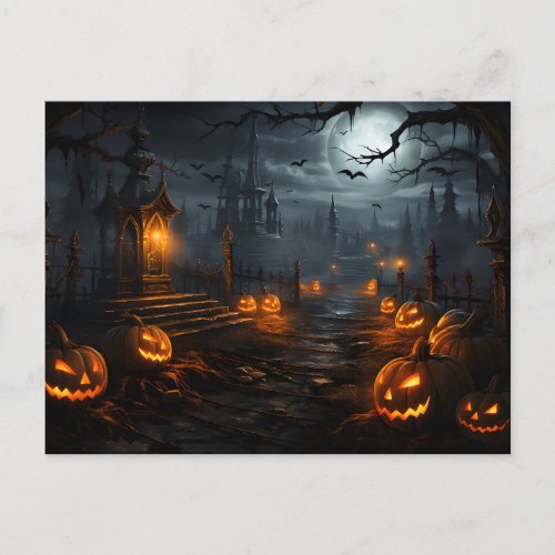 Spooky place full moon pumpkins Halloween night Postcard