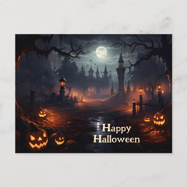 Spooky place, full moon, pumpkins, Halloween night Postcard (Front)