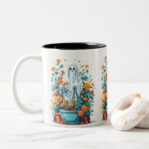 Spooky Plant Lady Ghost Halloween Garden Watering Two-Tone Coffee Mug
