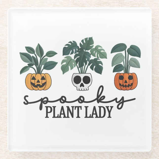 Spooky Plant Lady Halloween Monstera Design Glass Coaster (Front)