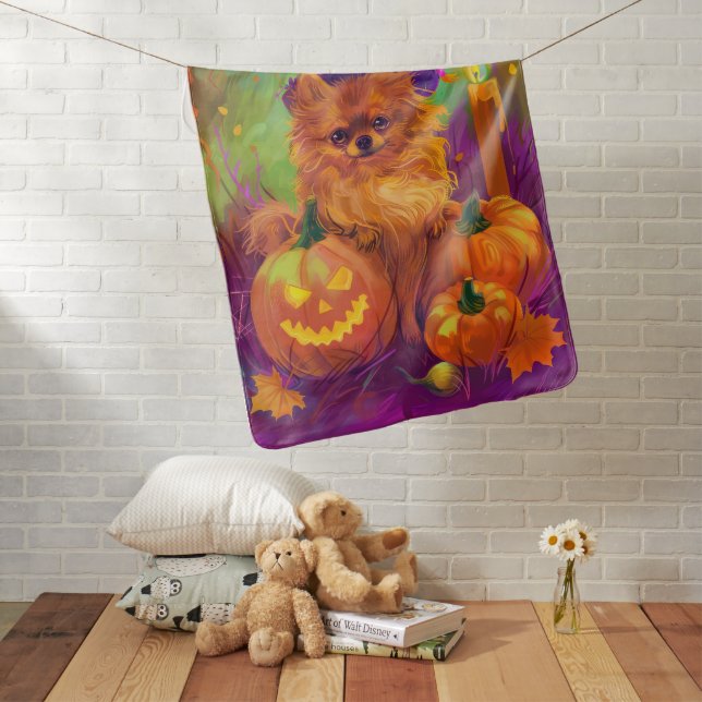 Spooky Pomeranian Dog Halloween Witch And Pumpkin Baby Blanket (In Situ)