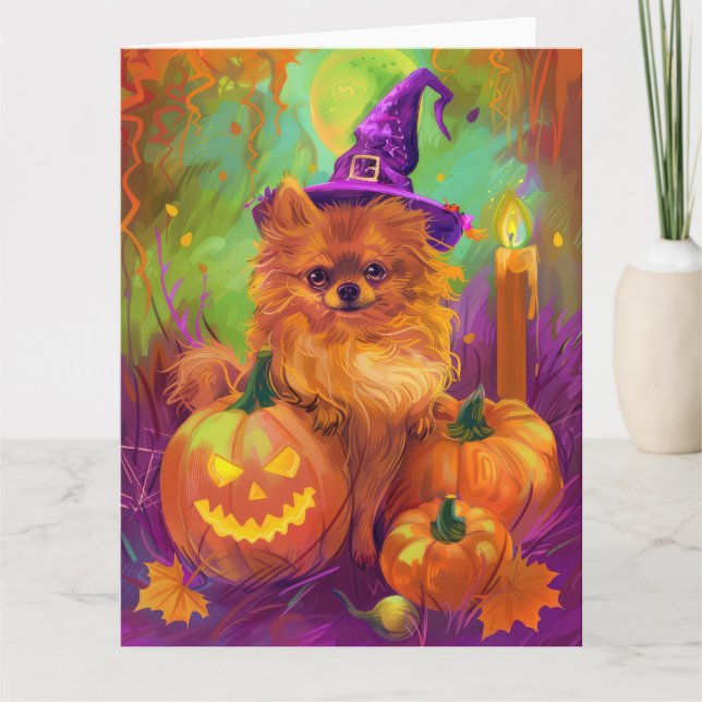 Spooky Pomeranian Dog Halloween Witch And Pumpkin Card (Front)