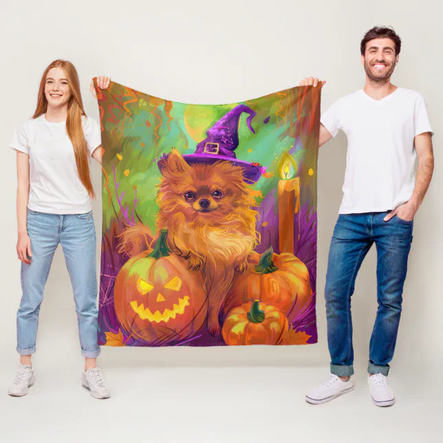 Spooky Pomeranian Dog Halloween Witch And Pumpkin Fleece Blanket | Zazzle