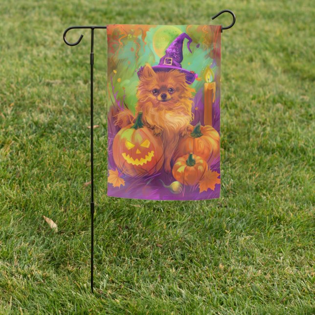 Spooky Pomeranian Dog Halloween Witch And Pumpkin Garden Flag (In SItu)